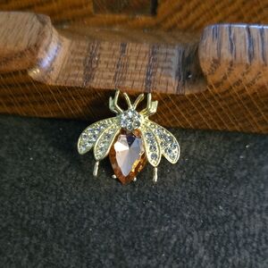 Gold-Tone Bee Brooch with Amber Crystal and Clear Rhinestones